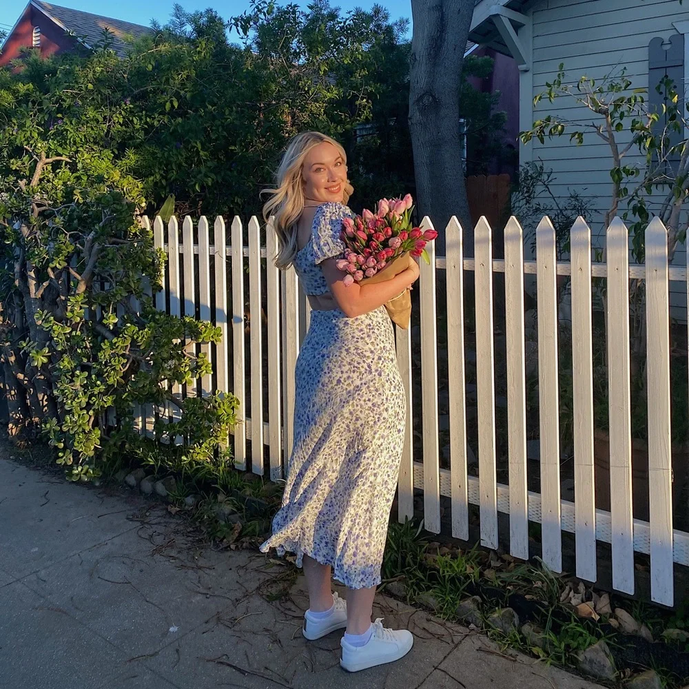 Light blue and purple floral midi dress with cutouts - Picture 2 of 7